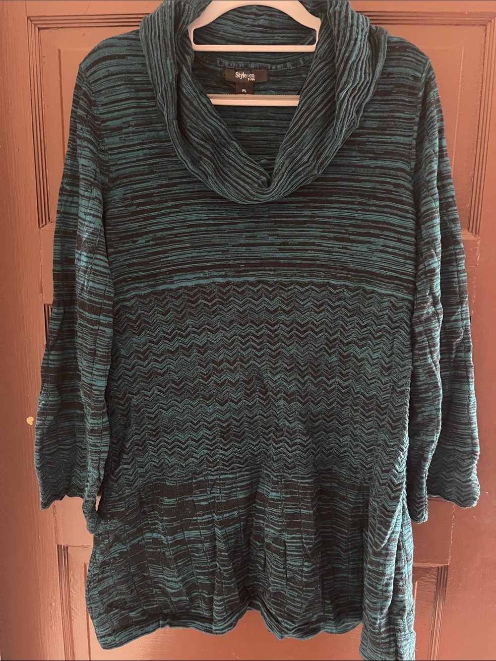 Petite Large- Style & Co. Teal and Black Striped Cowl Neck Sweater